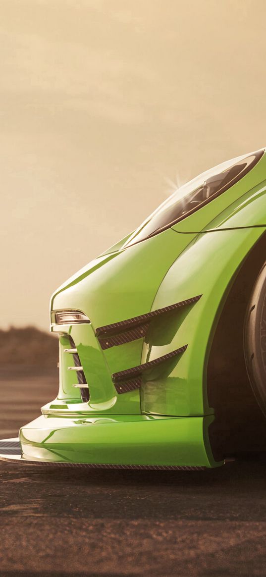 car, sportscar, green, bumper, headlight, wheel