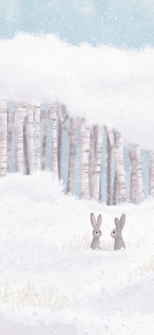 hares, forest, snow, winter, art