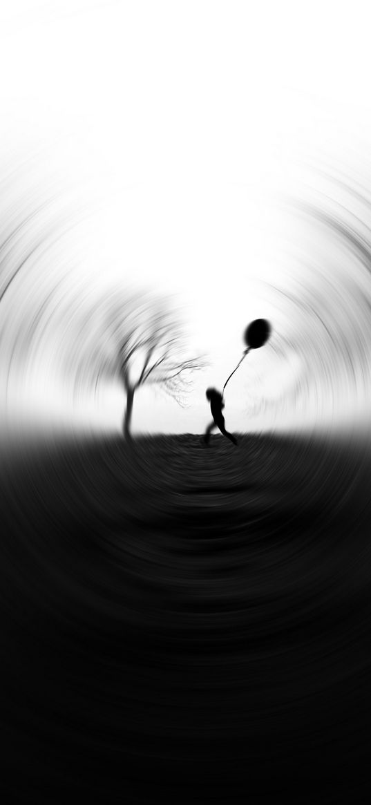 silhouette, balloon, bw, blur, focus