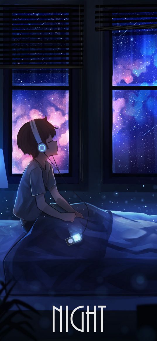 boy, night, headphones, starry sky, art