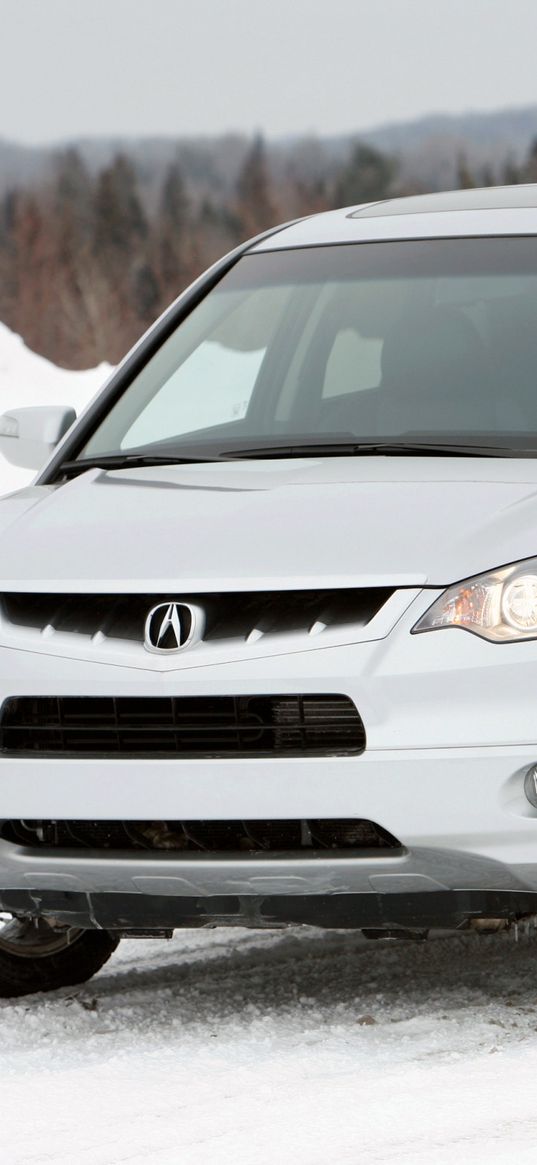 acura, rdx, white, jeep, front view, car, forest, snow