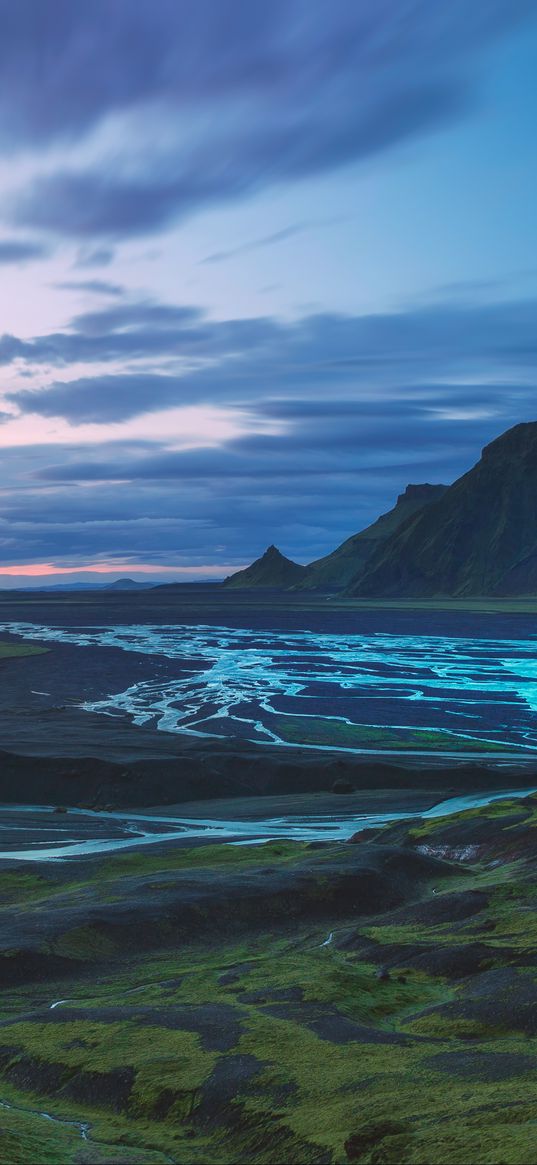 mountains, river, valley, landscape, iceland