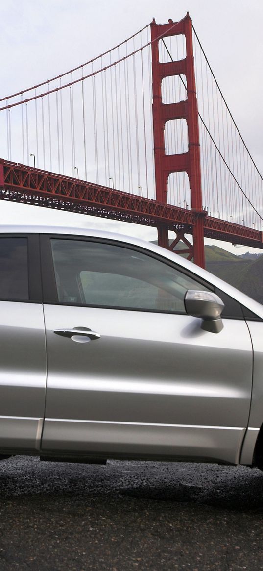 acura, rdx, silver metallic, jeep, side view, cars, style, bridge, river, nature