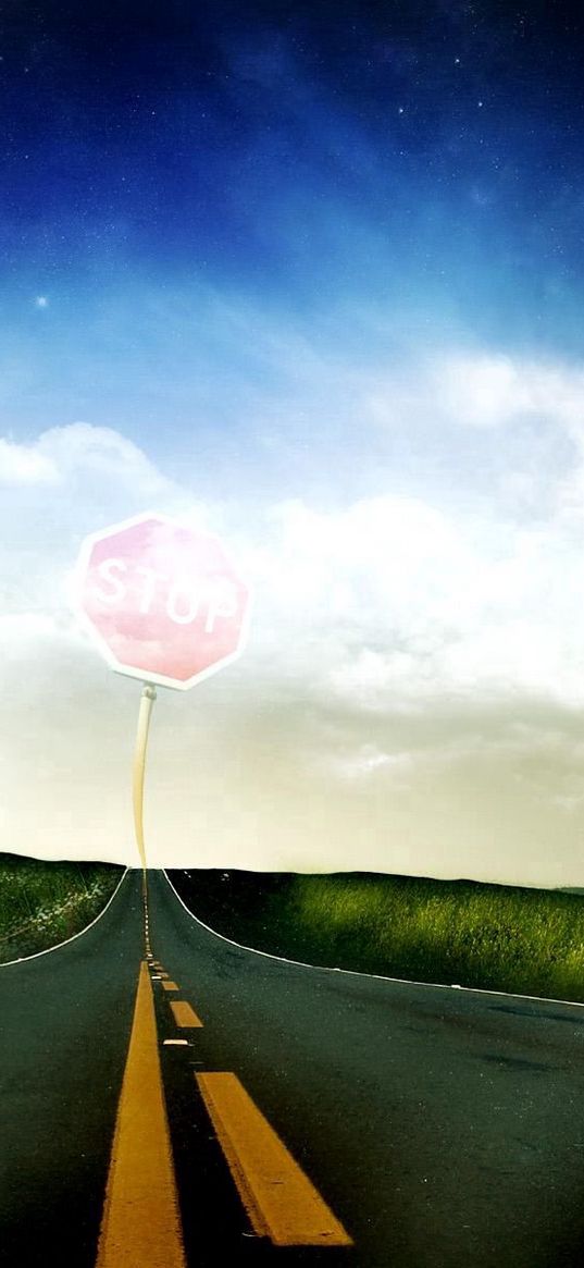 road, marking, lines, sign, prevention, cow, field, sky