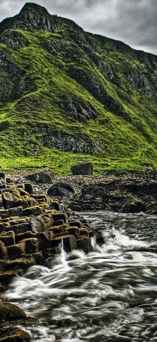 stones, sea, waves, mountain, greens, descent, cascades