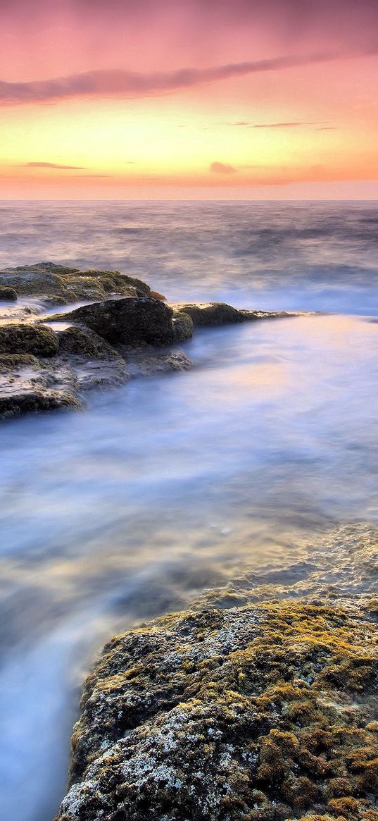 sea, stones, reeves, fog