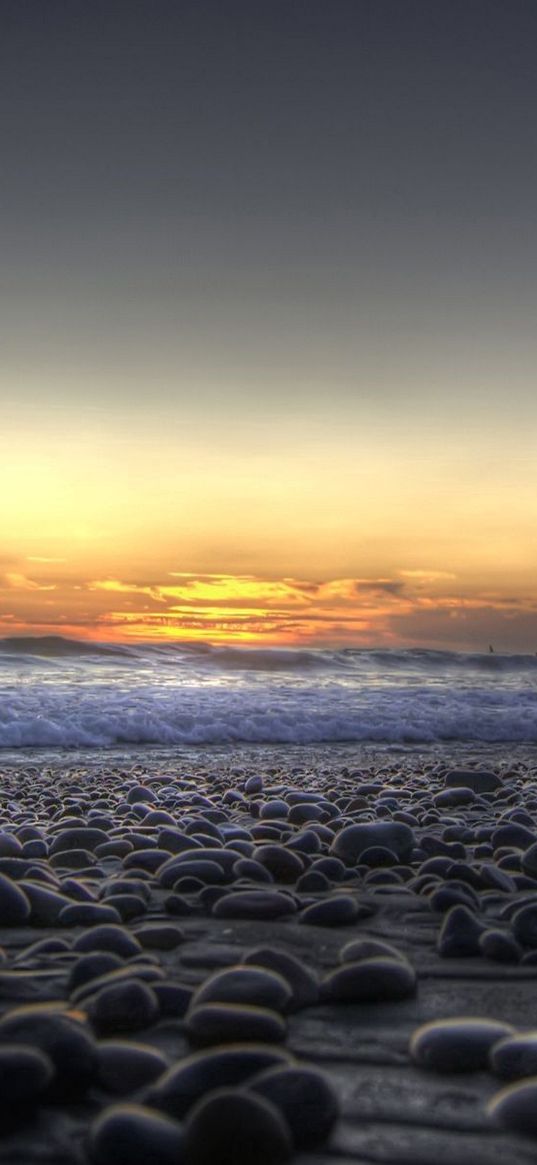 stones, coast, beach, wave, sand, evening, decline