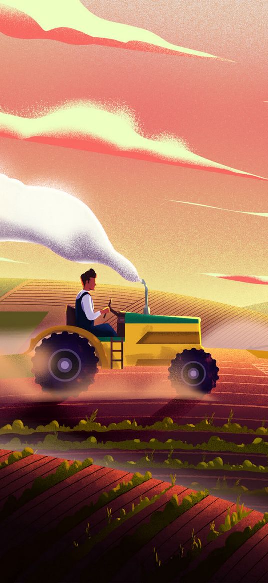 tractor, field, art, agriculture