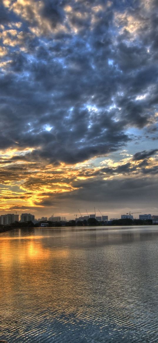 coast, clouds, city, morning, road, structures