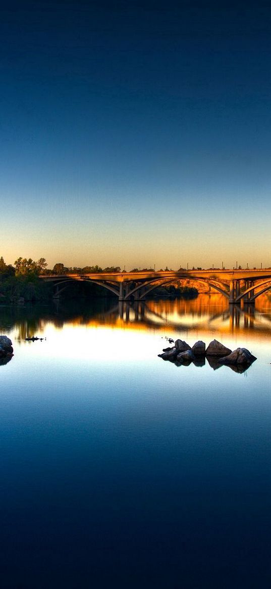 stones, river, bridge, morning, water smooth surface, dawn