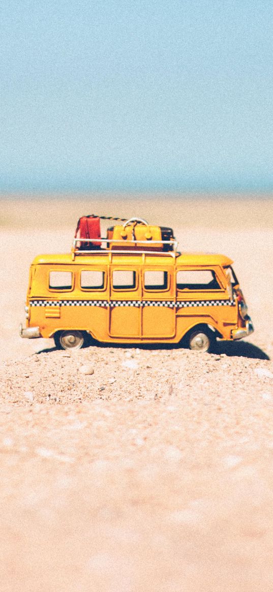 bus, toy, sand, beach, yellow