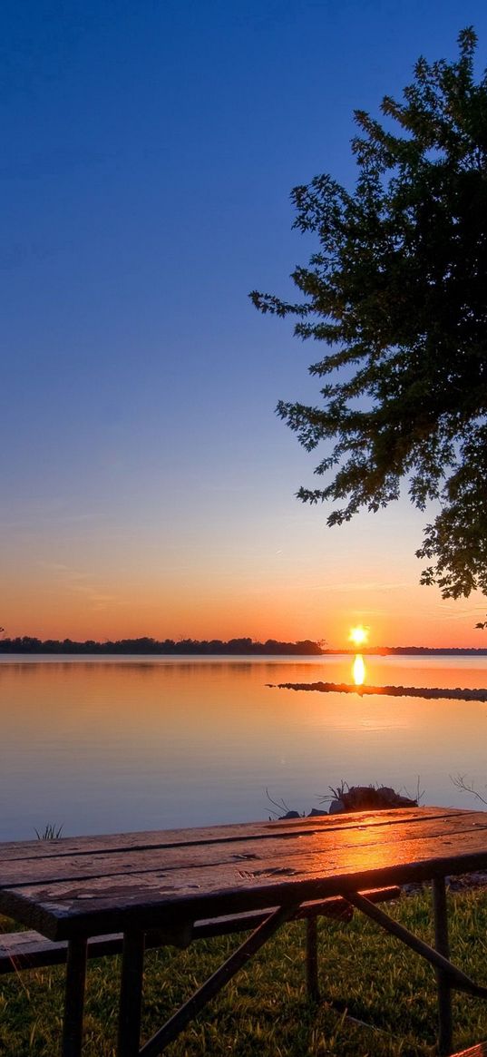 coast, lake, tree, table, benches, evening, decline, romanticism