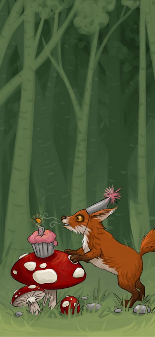 fox, mushrooms, cupcake, birthday, art