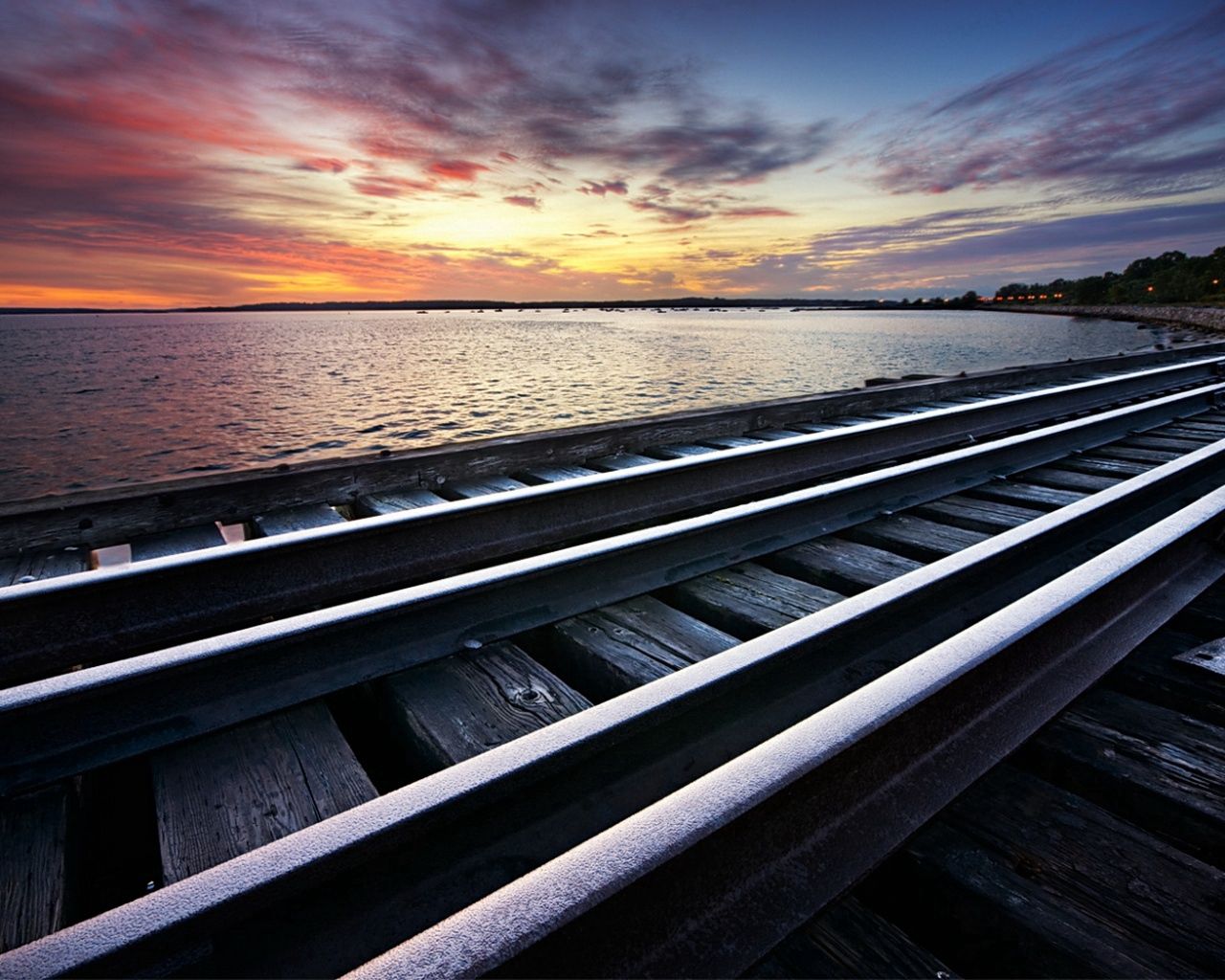 rails, cross ties, railway, sea, evening, clouds