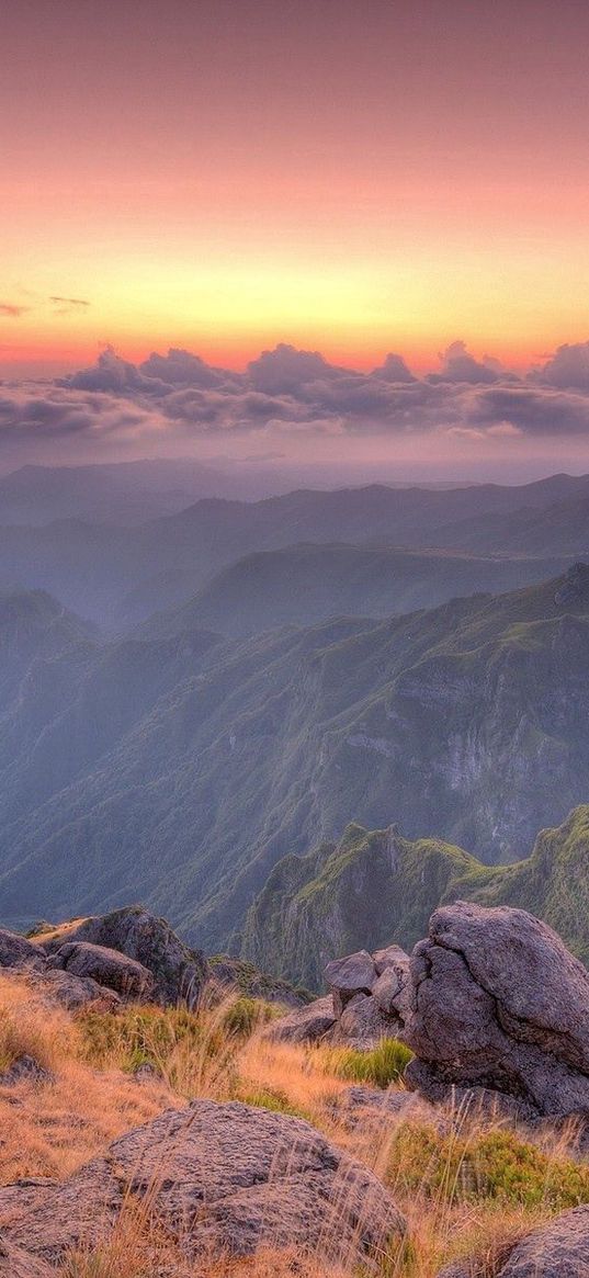 mountains, stones, breakage, fog, morning, grass