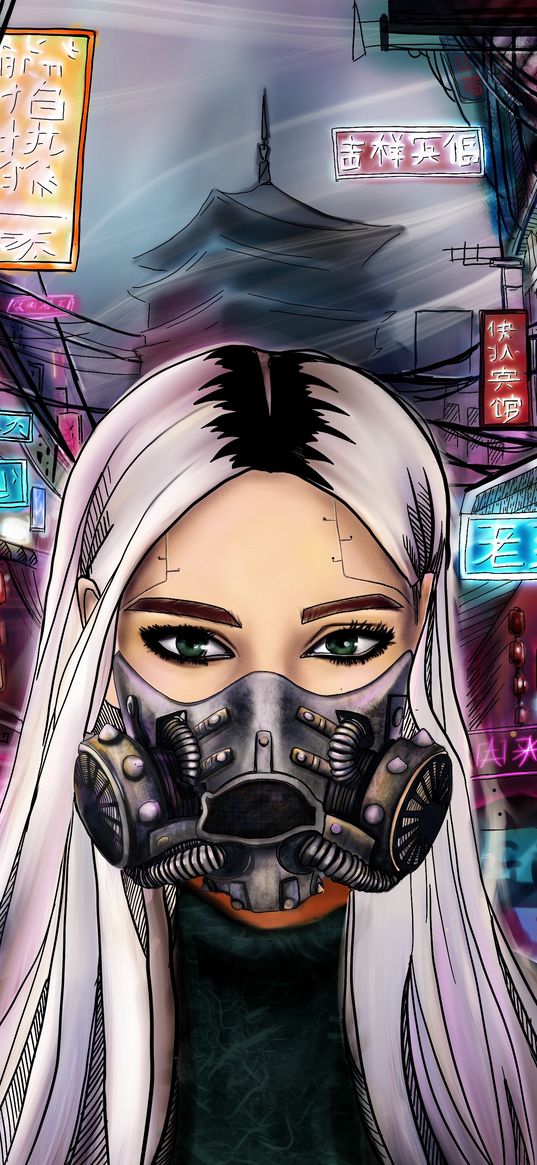 girl, respirator, cyberpunk, mask, art