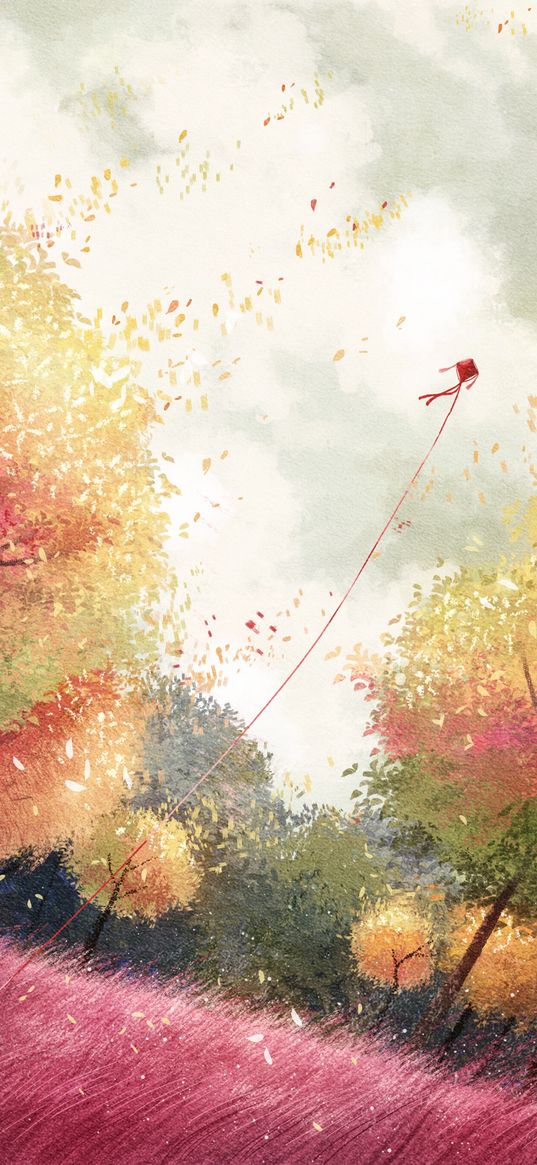 kite, forest, trees, autumn, art