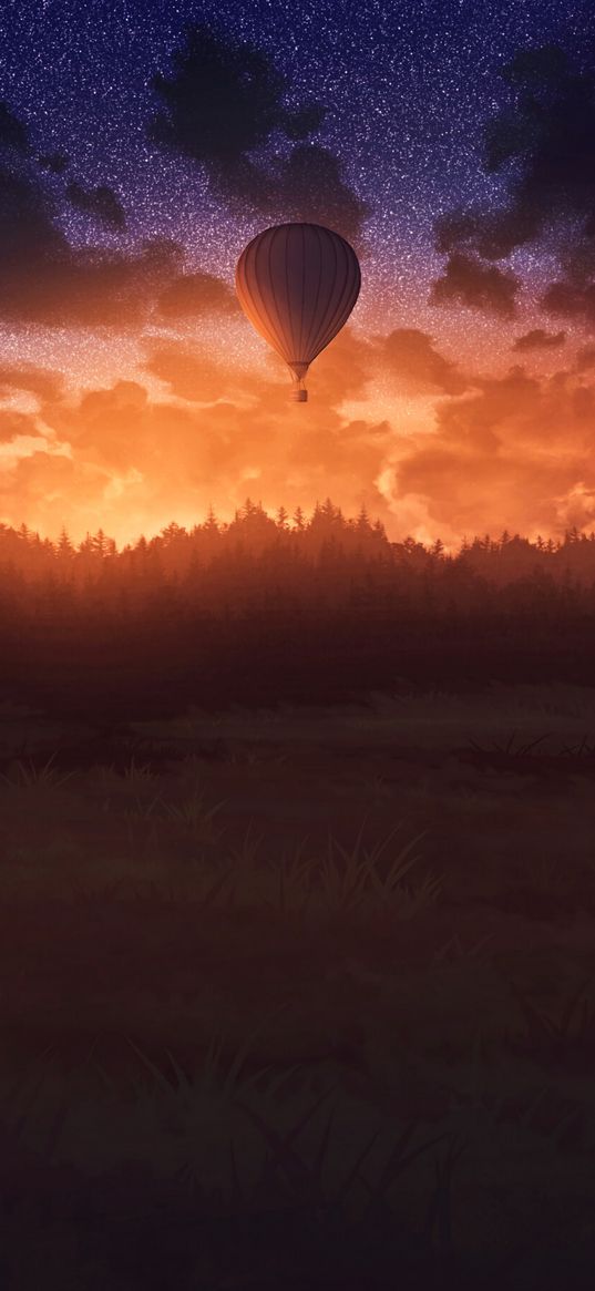 air balloon, sunset, twilight, art, dark