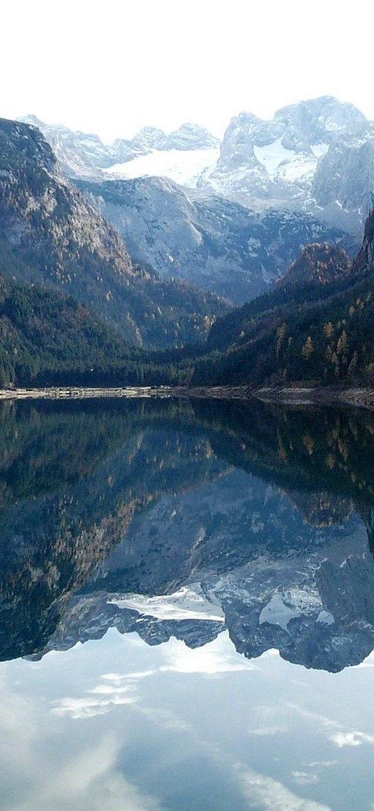 mountains, lake, water table, reflection, mirror, trees, branches