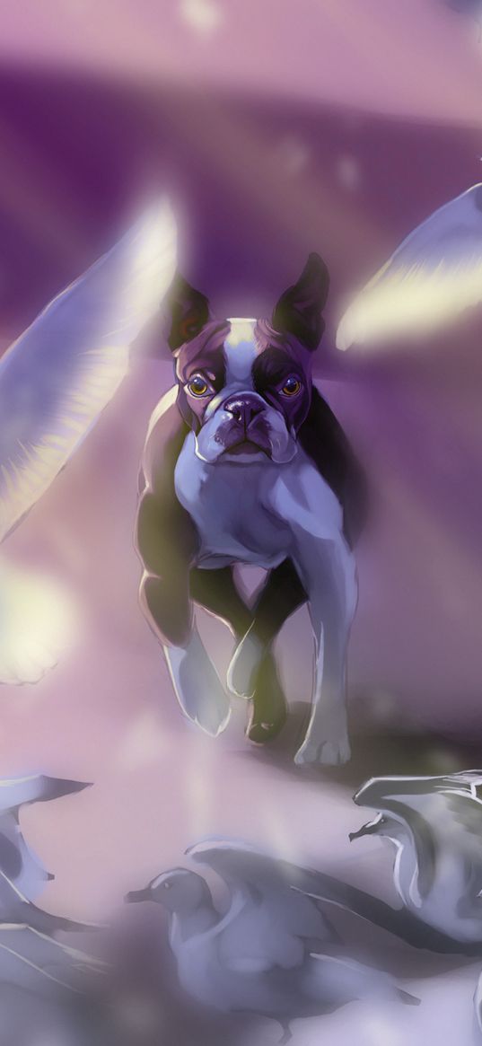 bulldog, dog, pigeons, birds, art