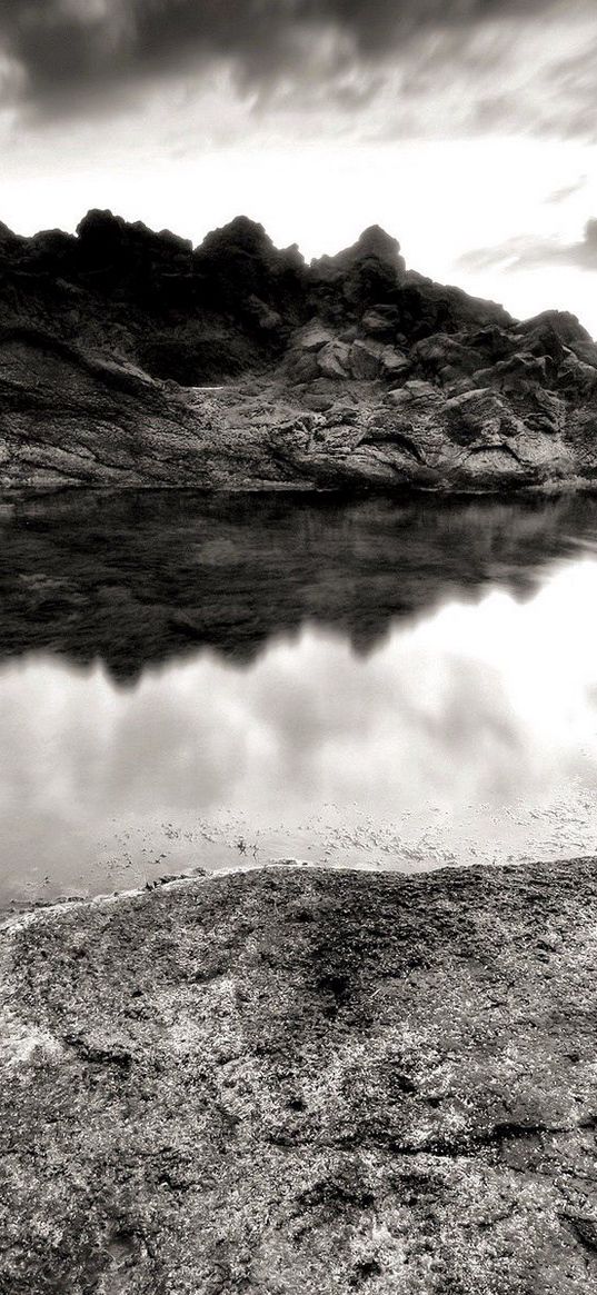 sea, stones, coast, rocks, despondency, black-and-white