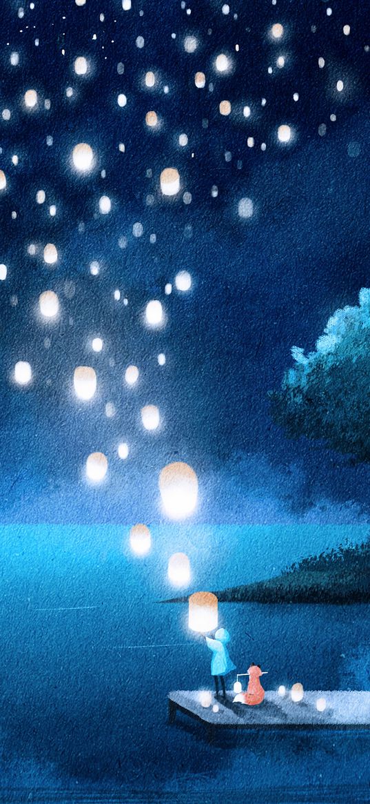 lake, night, lanterns, silhouette, art