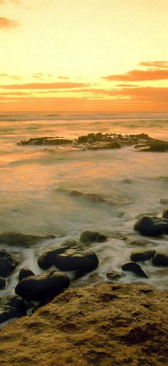 stones, coast, sea, wave, evening, sky, emptiness