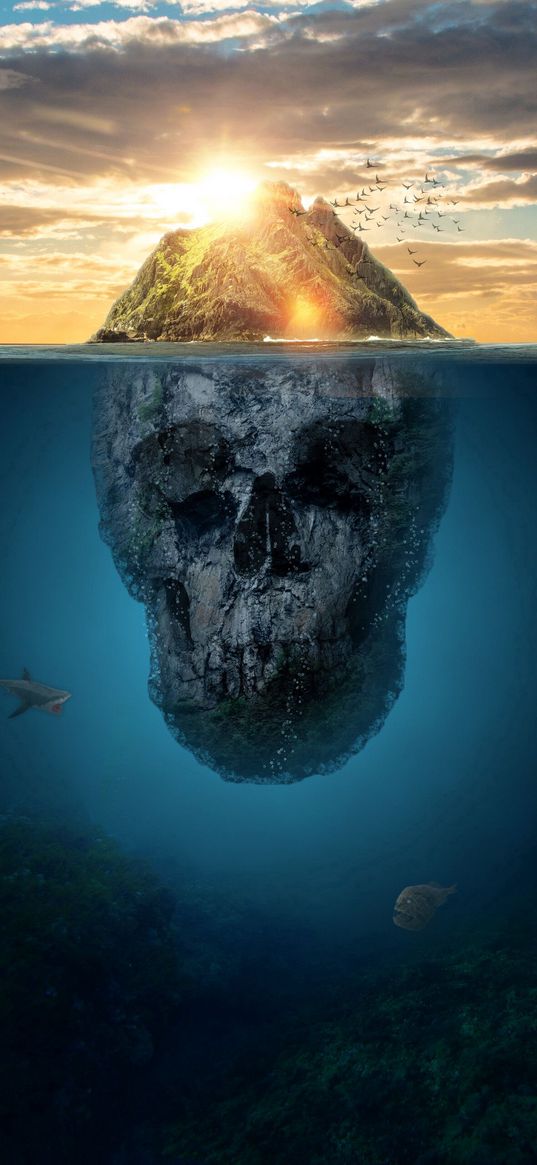 island, skull, see, illusion