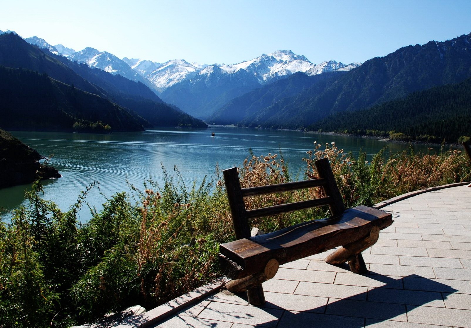 bench, lake, mountains, vegetation, shade