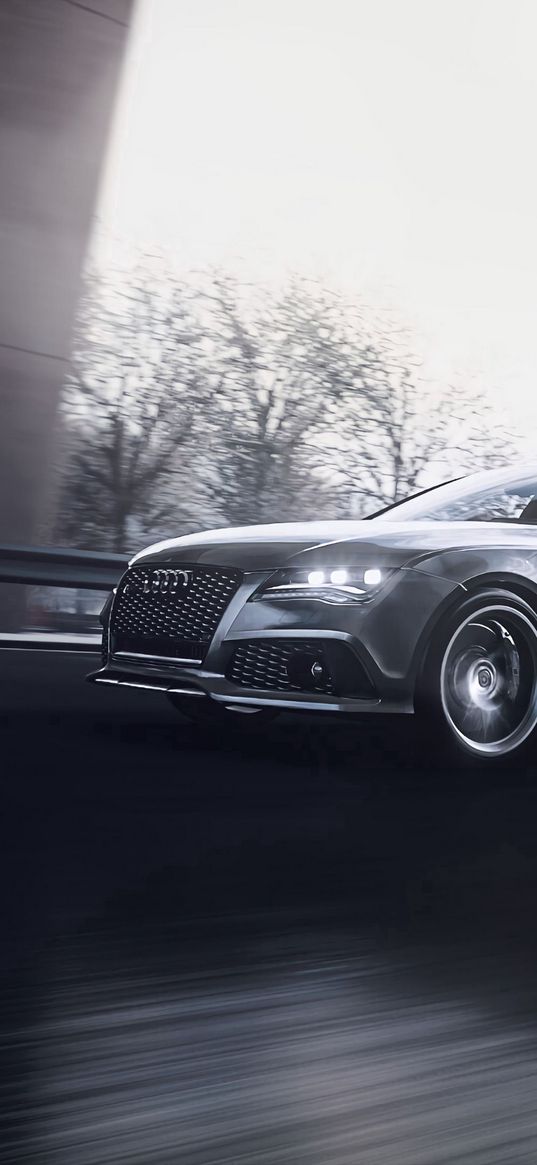 audi rs7, audi, car, gray, road, speed