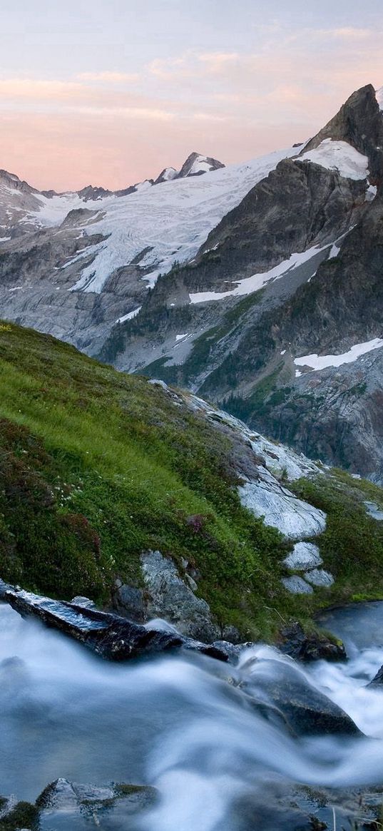 mountains, tops, cold, river, slope