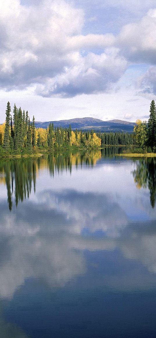 dragon lake, yukon, canada, lake, trees, clouds, autumn