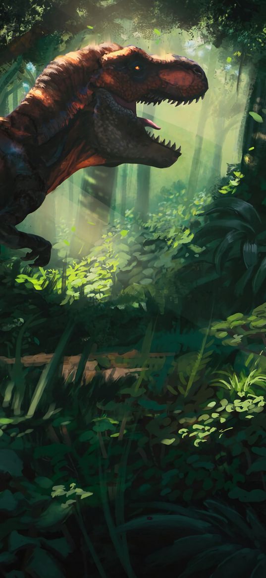 tyrannosaurus, dinosaur, jungle, forest, art