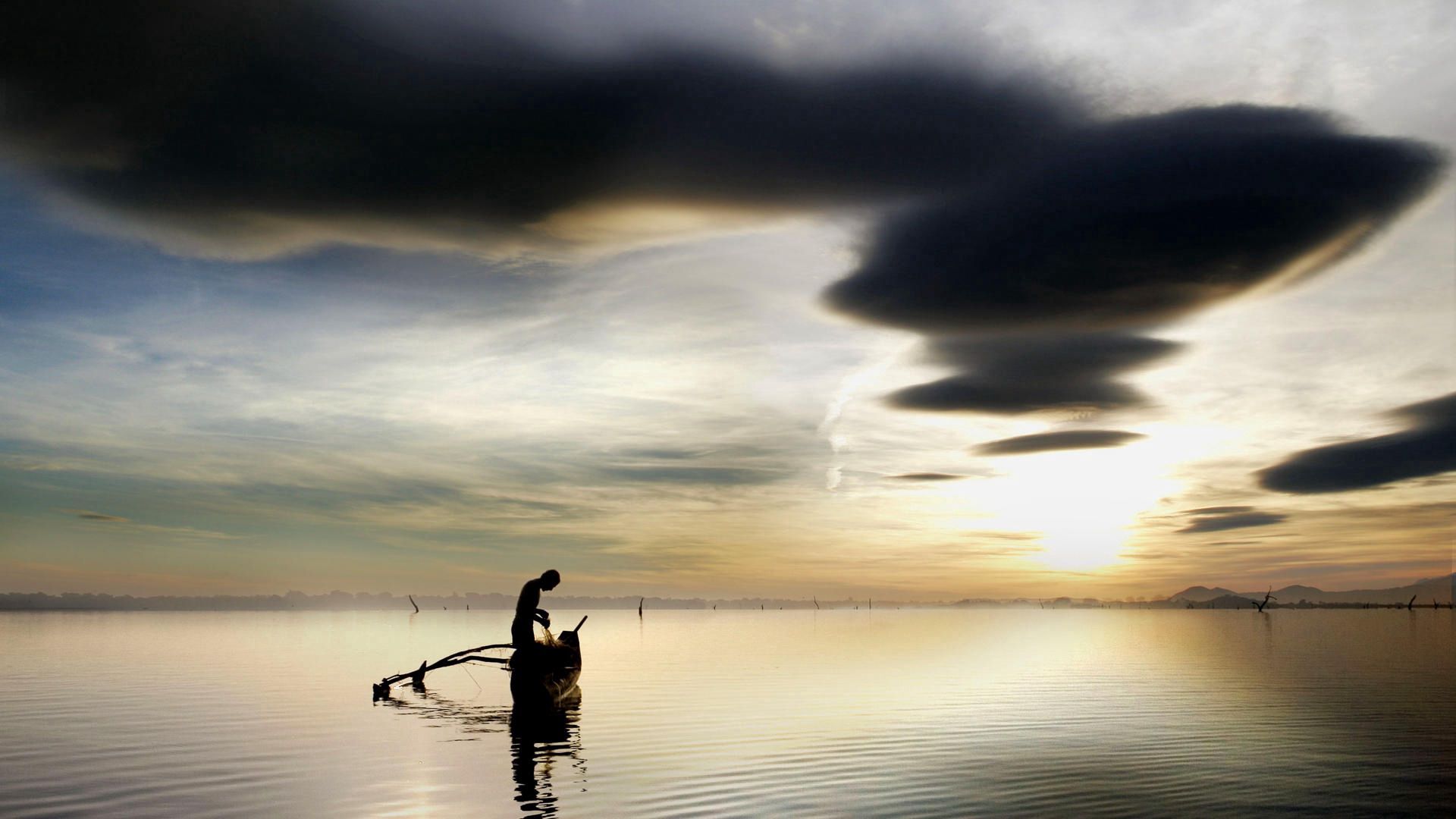 fisherman, lake, clouds, sky, boat