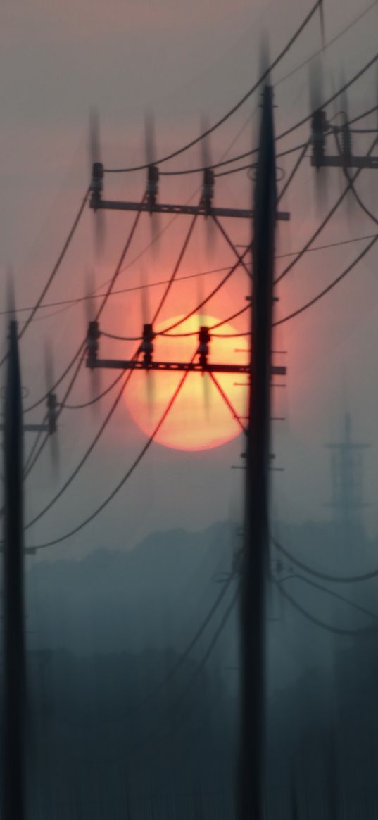 pillars, wires, sun, sunset, blur