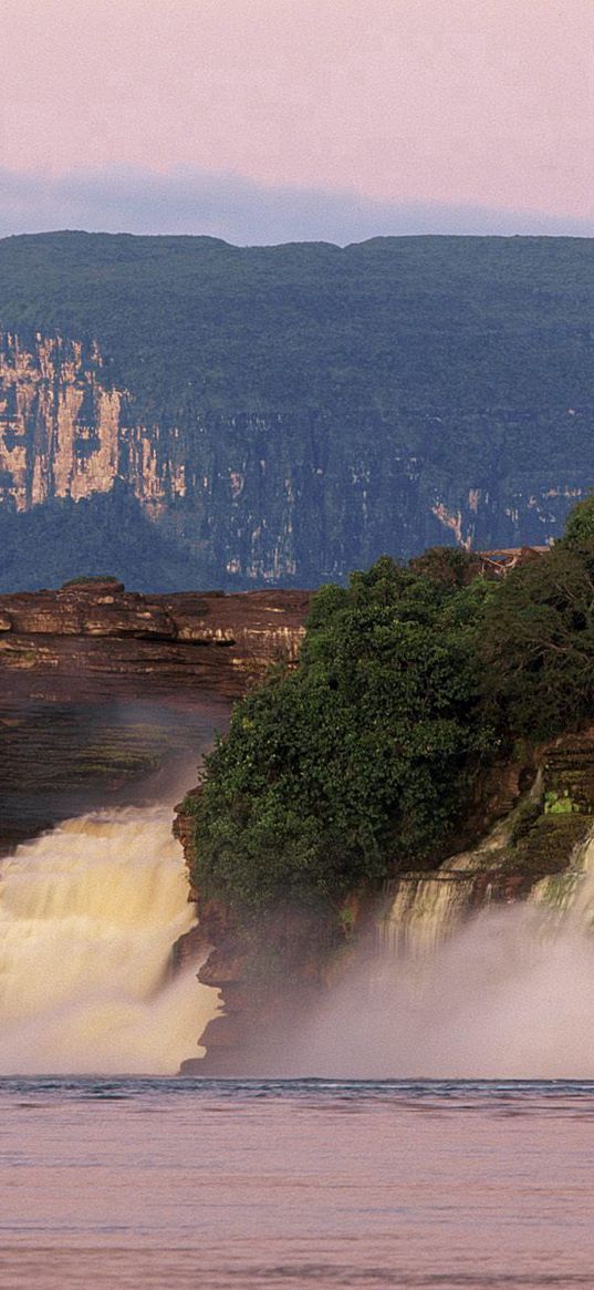 falls, mountains, stream, water, trees