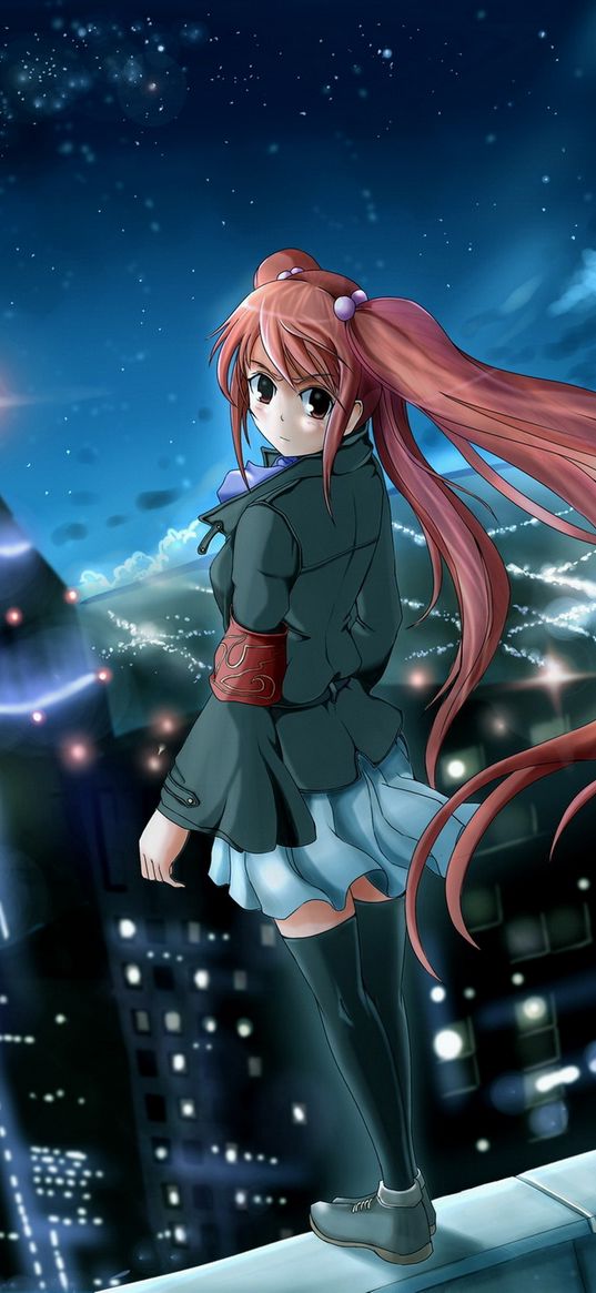 anime, girl, city, night, wind