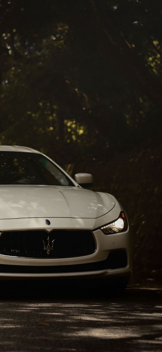 maserati ghibli, maserati, car, white, front view, road