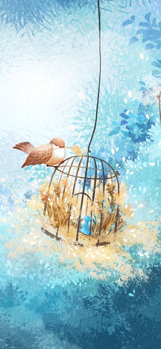 cage, bird, branches, nest, art