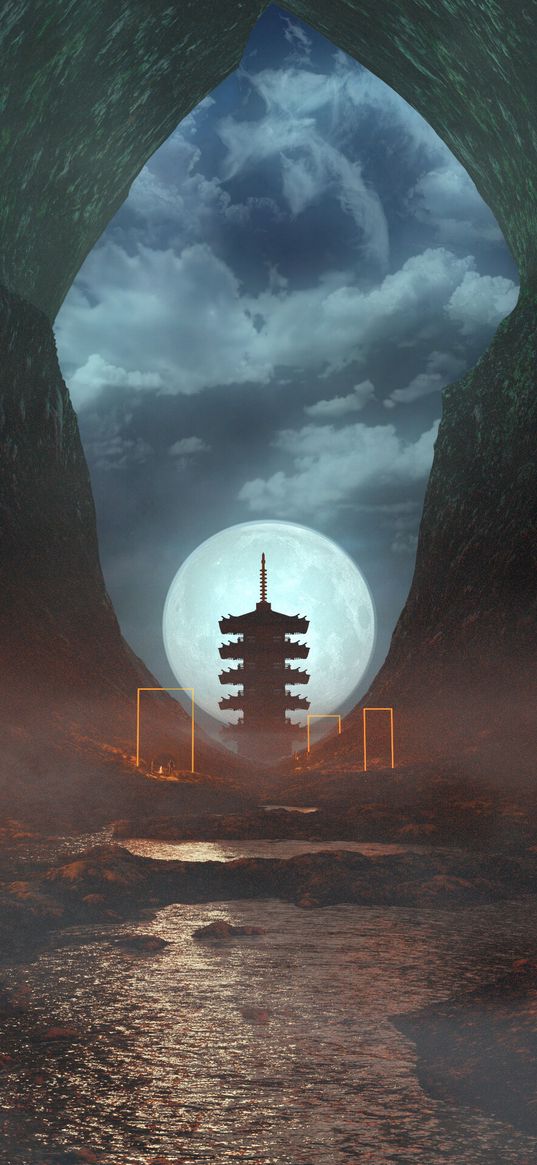 cave, pagoda, moon, night, fog