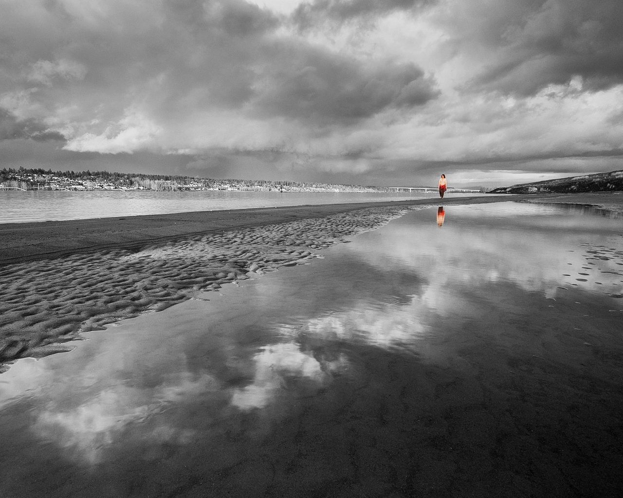 beach, sand, water, person, silhouette, black-and-white