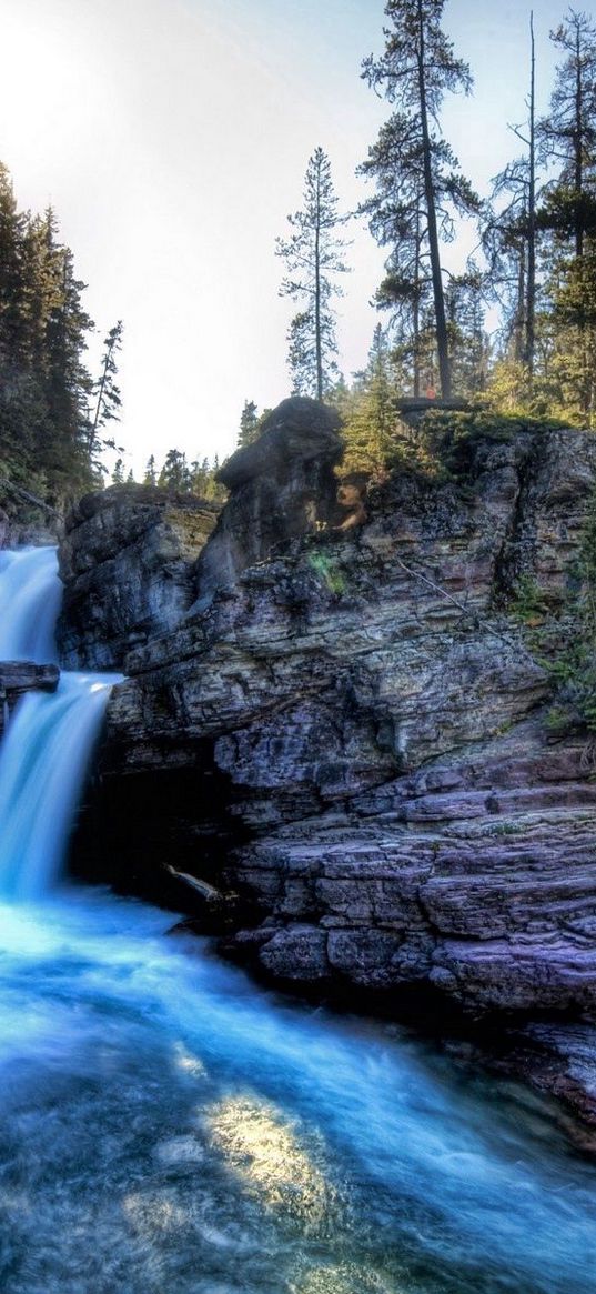 falls, sun, water, rocks