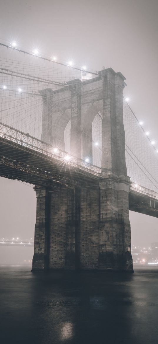 bridge, fog, lights, backlight, city, mist