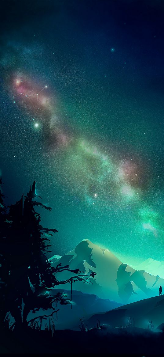 mountains, night, northern lights, landscape, art