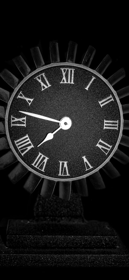 clock, dial, stone, dark, bw