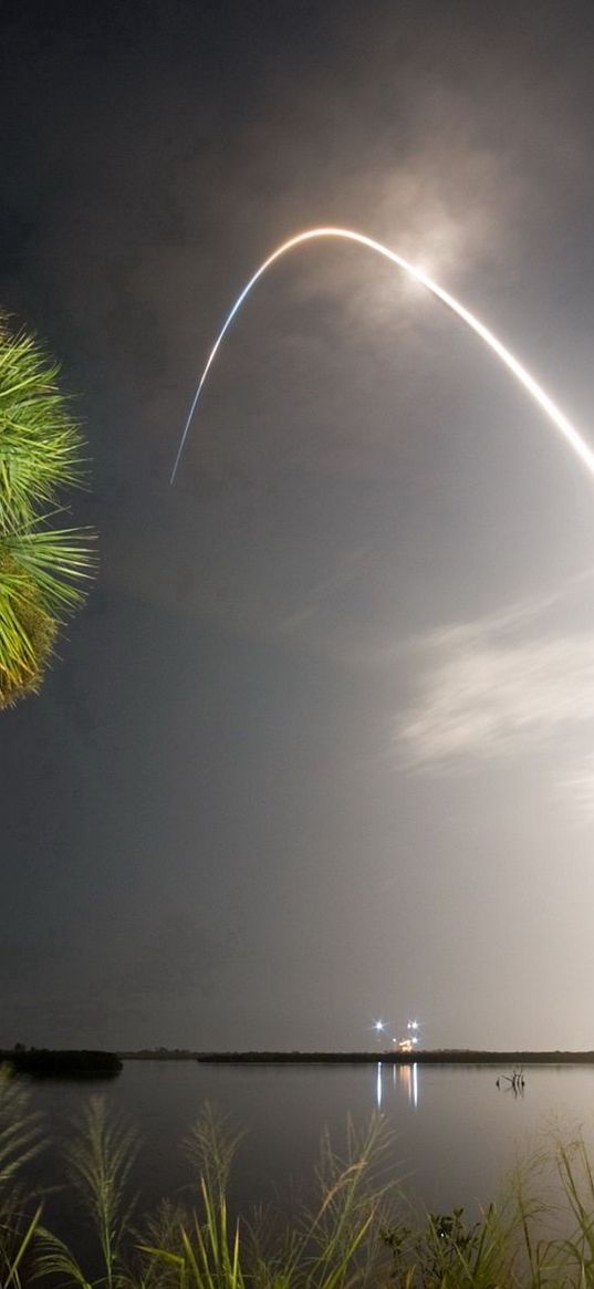 rocket, salute, palm trees, sea, evening