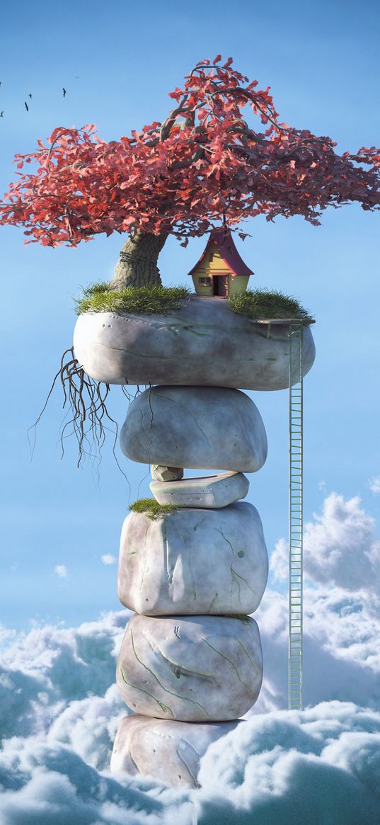 house, sky, clouds, 3d, art