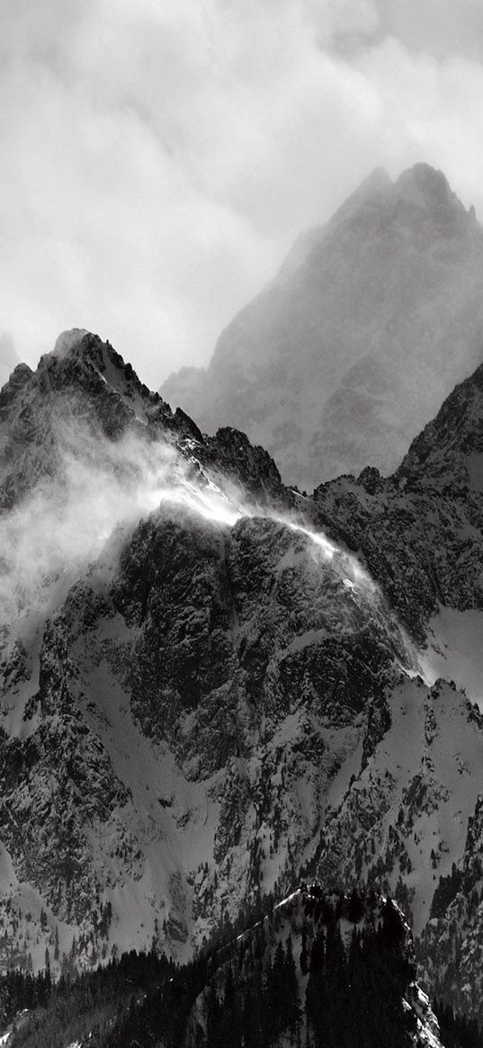 tops, mountains, gloom, fog