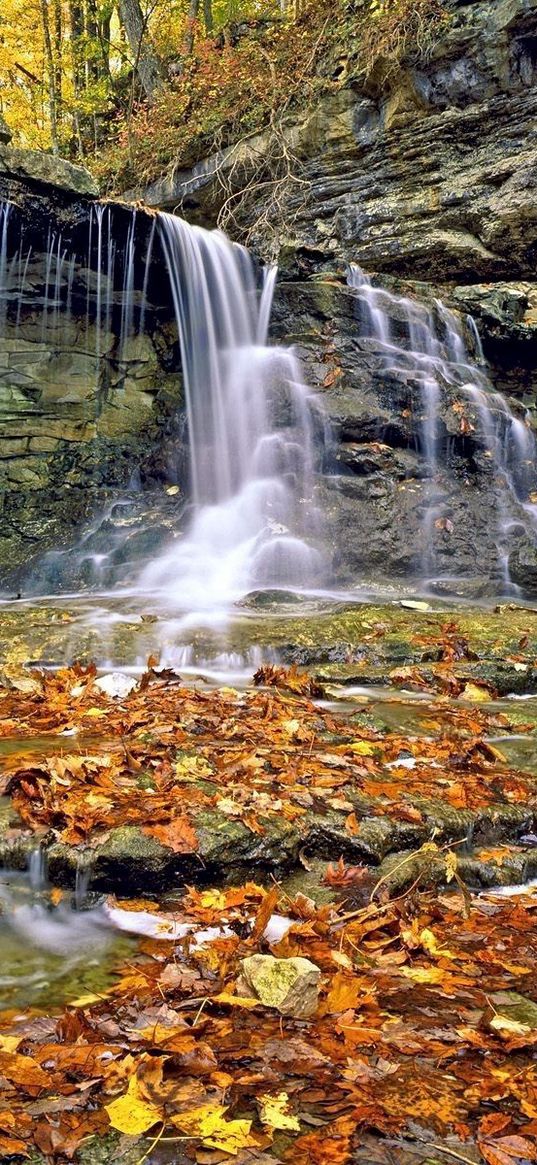 falls, leaves, rocks, layers, autumn