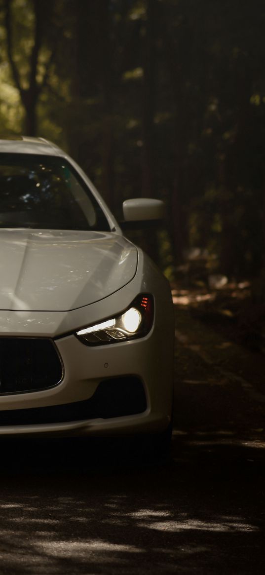 maserati ghibli, maserati, machine, white, front view, road